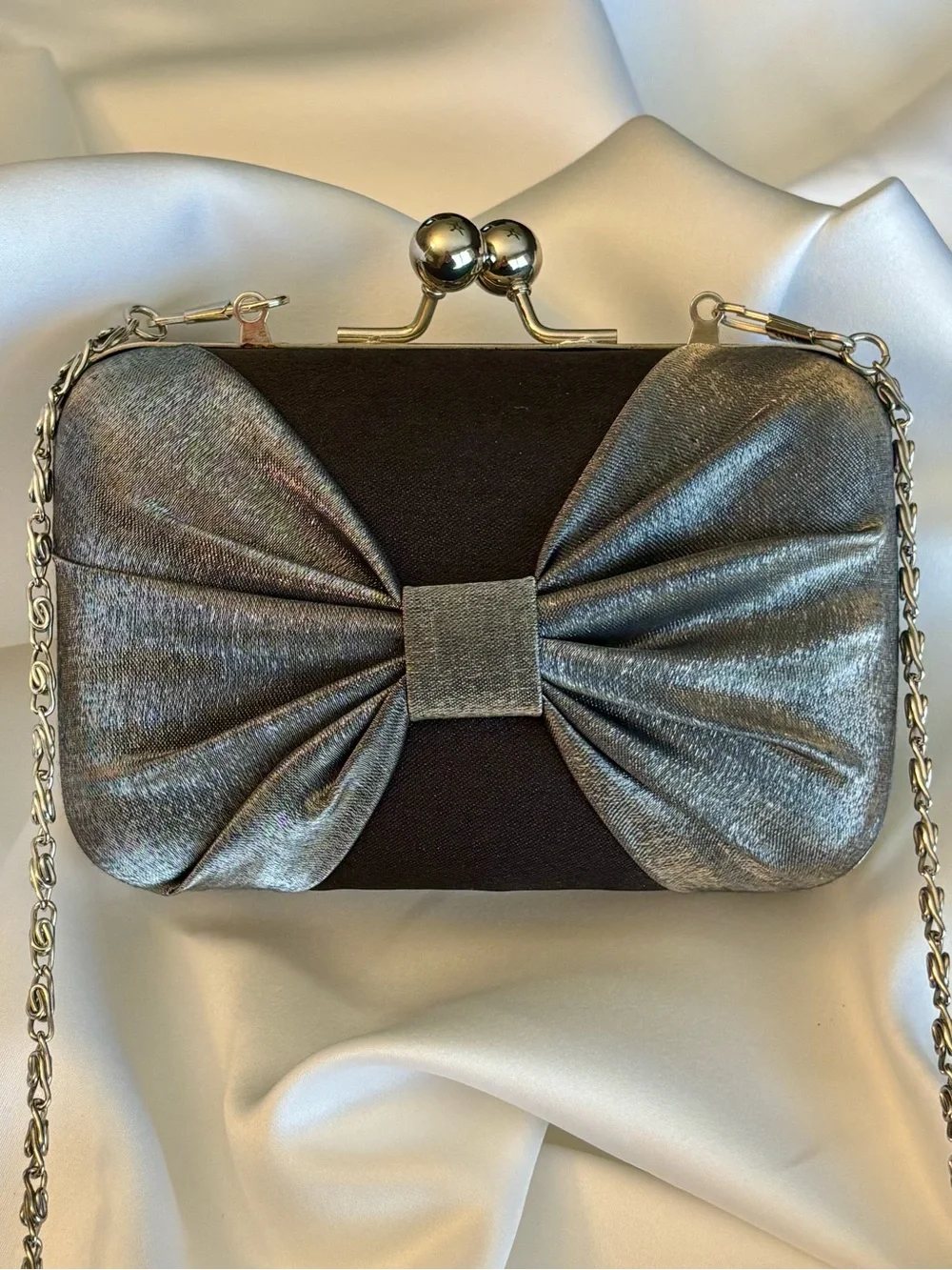 Bow Satin Clutch Silver Black Evening Bag Wedding Formal Purse